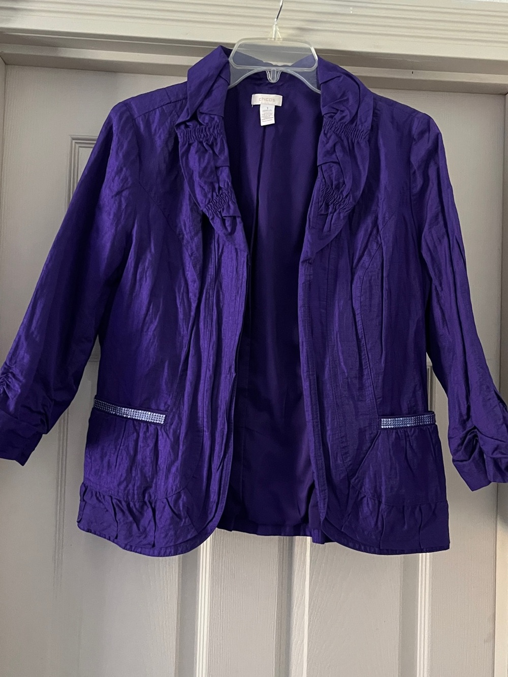 Chico's Deep Purple Ruffle-Trim Open-Front Jacket size 1(Med)
